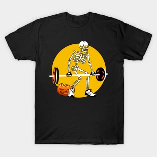 Skeleton Weight lifting Pumpkin Funny Halloween T-Shirt